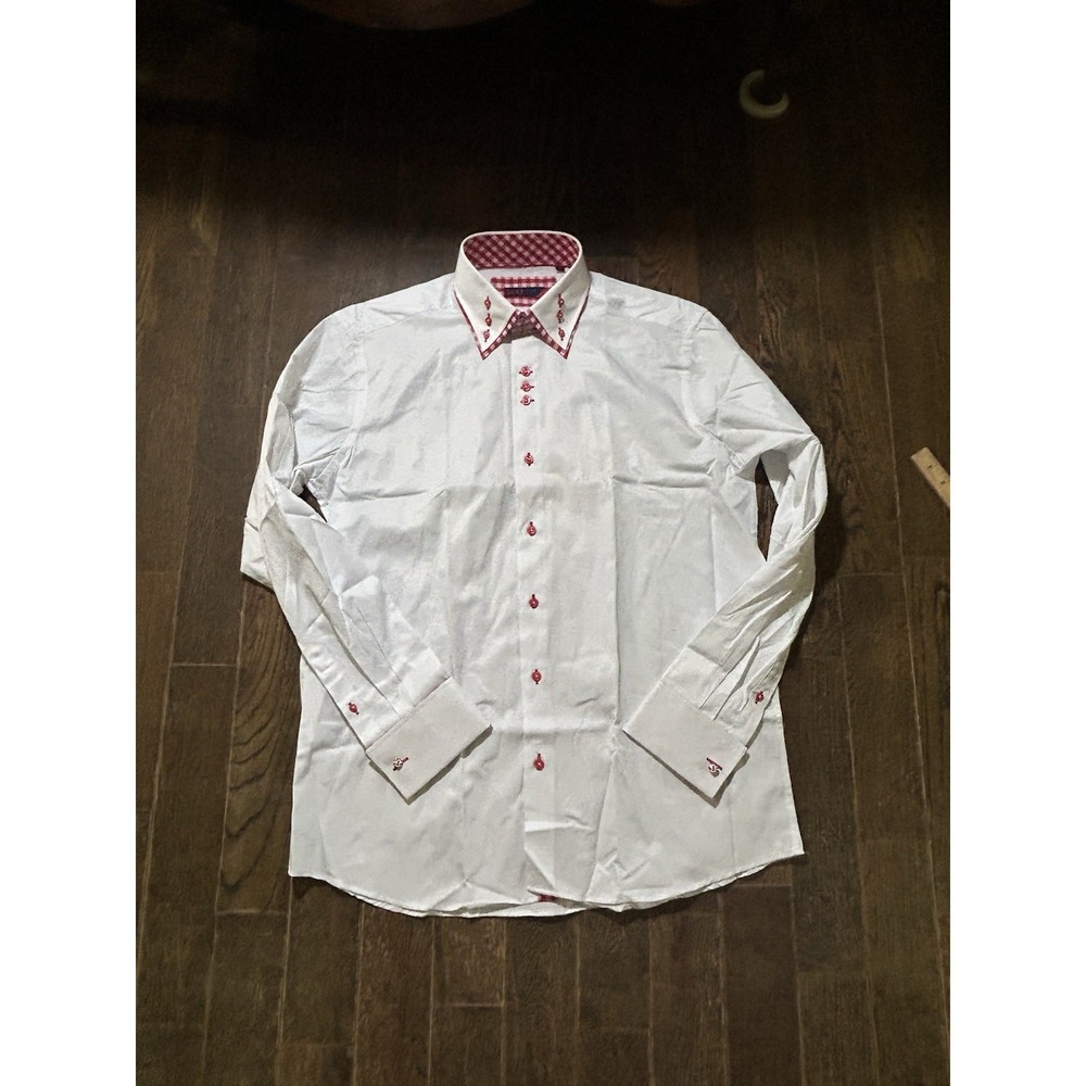 BriO Men's Dress Shirt White W/ Red Accents Size L 16.5 button front long sleeve